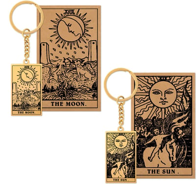 Tarot Sleutelhanger 18 | 19 bundel - Zon & Maan - Goudkleurig Stainless Steel - Inclusief Rider-Waite Kaartjes - Pax Amare
