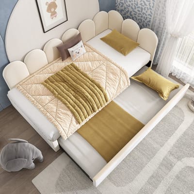 MIVRAY Gestoffeerd Daybed 90x200 Cm Zonder Matras - Bedbank Met Uittrekbed 90x190 - Met Speels Spijlenontwerp - Fluweel - Beige