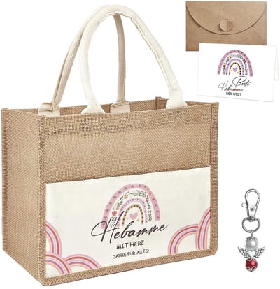 Dailygoods - VINEST Set van 4 verloskundige geschenkjes, jute tas, stoffen tas van hennep, afscheidsgeschenk collega, herbruikbare draagtas met sleutelhanger, envelop voor afscheid, pensioen, ziekenhuis