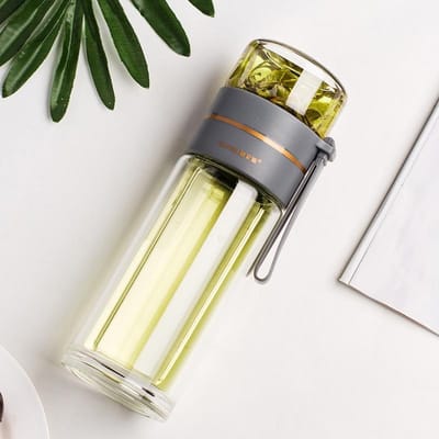 Bouteille isotherme en verre pour thé à bulles, mignonne et créative, avec isolation transparente, pour eau chaude et thé, avec séparation de l'eau, thermos, infuseur à thé 400ml gris