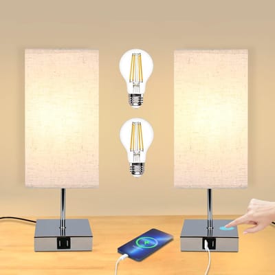 Glitzerlife - Tafellamp Tafellamp - Bedlampje Nachtlampje - Touch dimbaar 3 standen - LED warmwit slaapkamer bureaulamp met 2x USB oplaadfunctie E27 fitting stof metaal - Ø36 cm - Chroomkleurig