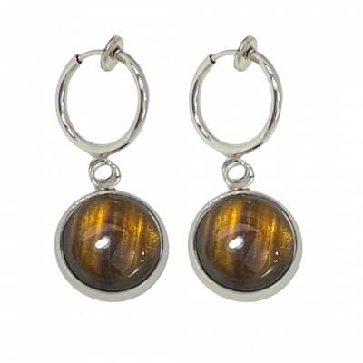 Klem oorbellen -Tijgeroog- bruin -zilverkleur-geen gaatje-Charme Bijoux