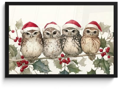 Poster in lijst - Fotolijst 60x40 cm - Posters - Uilen - Tak - Hulstblaadjes - Kerstmuts - Posterlijst zwart - Decoratie - Wanddecoratie woonkamer - Muurdecoratie slaapkamer - Kerstversiering - Kerstdecoratie voor binnen - Kerstmis