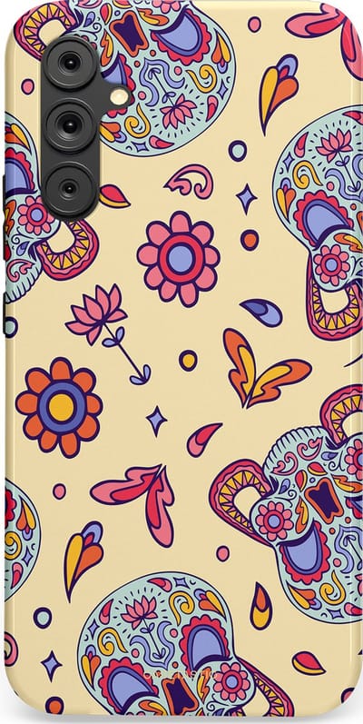 Casetastic hoesje geschikt voor Samsung Galaxy A34 (2023) 5G - Dubbellaagse bescherming - Dia de los Muertos Doodshoofd Bloemen - Fashion Case - Crème Lila Zilver