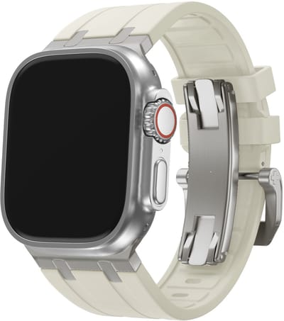 BALR. liquid siliconen band geschikt voor Apple Watch 1/2/3/4/5/6/8/9/10/11/SE(2-3)/Ultra(2-3) in de maat: 44mm / 45mm / 46mm / 49mm - Rubberen bandje met stalen aansluiting (beige/titanium)