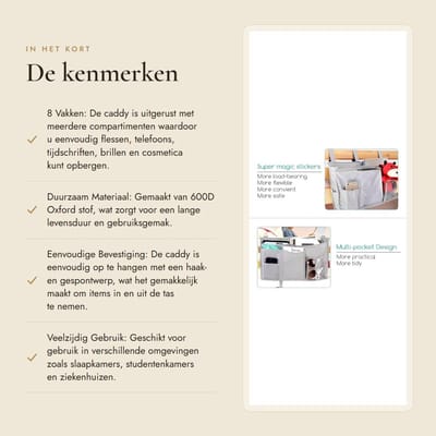 Dailygoods- Bedside Caddy 8 Pockets - Opbergtas - Hangende Organizer - Multifunctioneel - Oxford Stof - 49x28x8.5 cm - Opbergzak