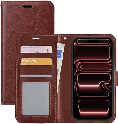 Hoesje - Met Pasjeshouder - Geschikt voor Apple iPhone 17 Pro - Luxe Bookcase Portemonee - Flip Case - Kunstleer Book Case - Flipcase - Book Cover - Walletcase - Portemonneehoes - Bruin