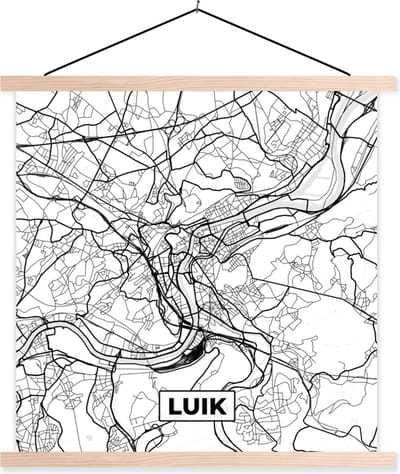 Posterhanger incl. Poster 40x40 cm - Schoolplaat - Zwart Wit – België – Plattegrond – Stadskaart – Kaart – Luik - Textielposter - Blanke latten - Stadskaart