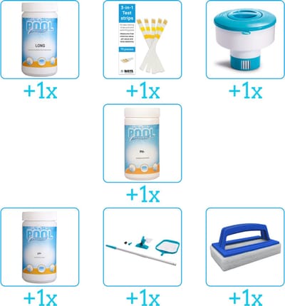 Zwembad Onderhoudspakket - Onderhoud Zwembad - bevat Chloor - Testrips - Chloordrijver - PH-min - PH-plus - Schoonmaakset en Scrubborstel (7-delig)