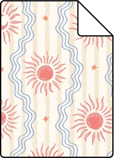Proefstaal ESTAhome behang zonnetjes beige, blauw en rood - 26.5 x 21 cm - 132014-S