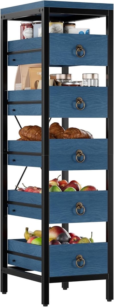 Smal Keukenrek met Uitschuifbare Lades - 5 Niveaus - Industrieel Opbergrek voor Keuken, Woonkamer & Badkamer - 30 x 40 x 114 cm - Hout/Metaal - Blauw