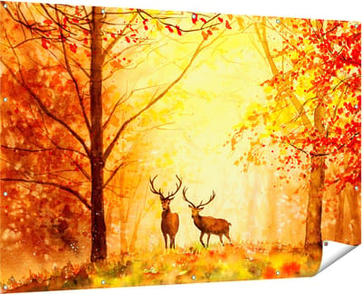 Gards Tuinposter Getekende Herten in het Bos - Herfst - 180x120 cm - Tuindoek - Tuindecoratie - Wanddecoratie buiten - Tuinschilderij
