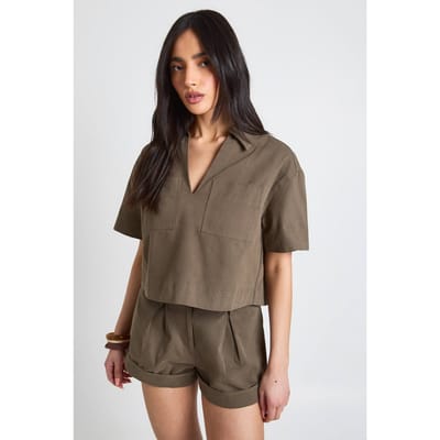 boohoo Dames Keperstof Short Met Opgeslagen Manchet | Kaki | Maat: 34