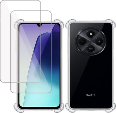 Hoesje + 2x Screenprotector geschikt voor Xiaomi Redmi 14C – Tempered Glass - Extreme Shock Case Transparant
