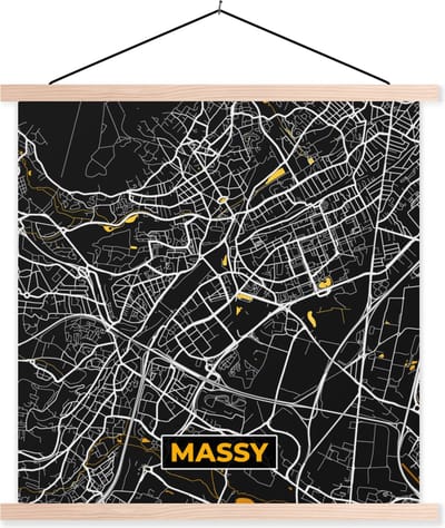 Posterhanger incl. Poster 40x40 cm - Schoolplaat - Kaart – Stadskaart – Massy - Plattegrond – Frankrijk - Textielposter - Blanke latten - Stadskaart