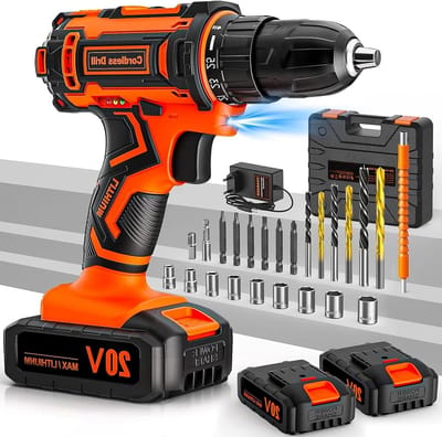 Draadloze schroevendraaier set met 20V, 2 accu's van 2.0Ah, 42Nm koppel, 25+1 koppelinstellingen, 10 mm boorkop, 2 snelheden, LED verlichting en 24 accessoires in koffer