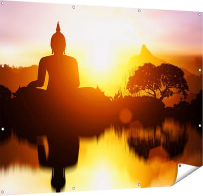 Gards Tuinposter Silhouet van Boeddha Beeld met Zonsondergang - 150x120 cm - Tuindoek - Tuindecoratie - Wanddecoratie buiten - Tuinschilderij