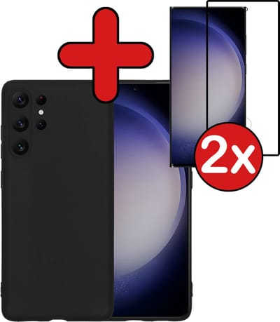 Hoesje - Met 2x Screenprotector - Geschikt voor Samsung Galaxy S23 Ultra - Sterk & Shockproof - Telefoon Hoes - Back Cover - Siliconen Case - Telefoonhoes - Zwart