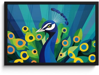 Poster in lijst - Fotolijst 60x40 cm - Posters - Pauw - Cirkels - Blauw - Posterlijst zwart - Decoratie - Wanddecoratie woonkamer - Muurdecoratie slaapkamer