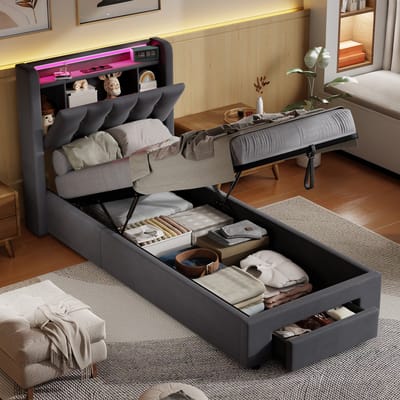 Wishdor Gestoffeerd Bed met LED & USB - Eenpersoonsbed 90x200 cm - Hydraulisch, Lade & Verborgen Hoofdbord - Fluweel Grijs