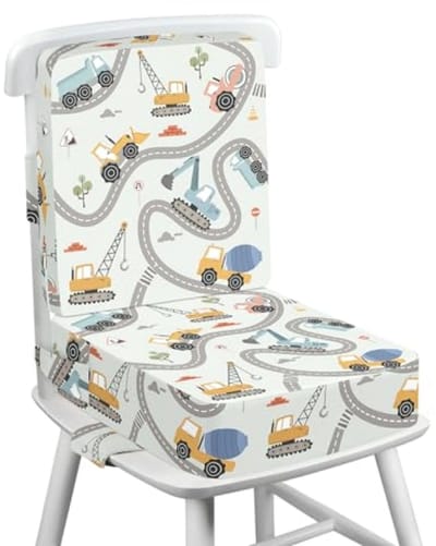 Peuter Booster Kussen voor Eettafel met Rugleuning - 10 cm Dik - Verstelbare Riemen & Antislip - Wasbare Hoes - Graafmachine - PromoHome