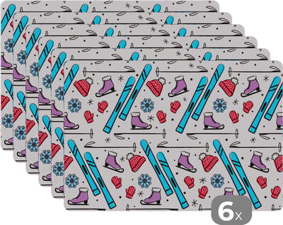 Placemat - Placemats kunststof - Wintersport - Patronen - Schaatsen - 45x30 cm - 6 stuks - Hittebestendig - Anti-Slip - Onderlegger - Afneembaar