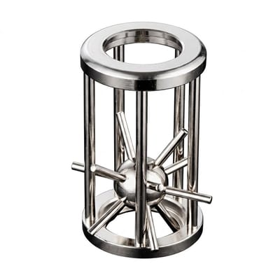 Zilverkleurige metalen breinbreker puzzel spel cilinder met staven en bal uitdaging voor volwassenen en tieners 14+ mechanische denkspel zonder batterijen compacte puzzel