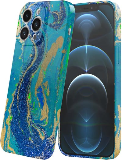 Smartphonica Telefoonhoesje Geschikt voor iPhone 12 Pro met Blauw Groen Goud Marmer Opdruk - Flexibel Softcase TPU - Backcover Case Blue Green Gold Marble Design geschikt voor iPhone 12 Pro