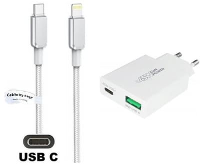 45W super snellader met 2 poorten + 2,0m USB C naar Lightning kabel. Universele PD PPS lader. Compacte GAN oplader adapter past op Apple iPhone SE 2, iPhone 8, 8 Plus, iPhone 10, iPhone X, iPhone XR, iPhone XS, iPhone XS Max