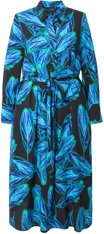 Ulla Popken - Dames - Maxi-jurk bladeren A-lijn overhemdkraag lange mouwen - Zwart - Maat 46+