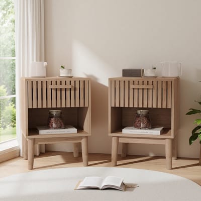 Set van 2 nachtkastjes met open planken en lades, gemaakt van natuurlijk hout, in bohemian stijl, voor slaapkamer en woonkamer, houtkleur.