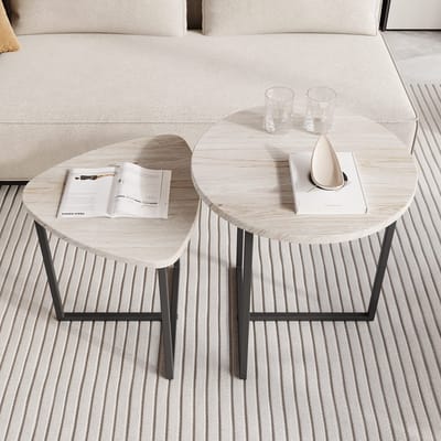 MIVRAY Bijzettafel Set - Ronde Nesttafels Met Hartvormig Blad - Voor Woonkamer En Slaapkamer - Metaal Eikenlook
