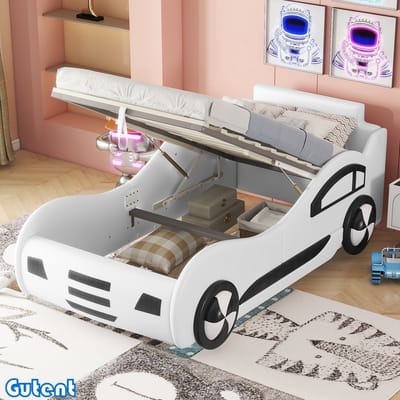 Gutent Kinderbed-90 x 200 cm-Model autobed-Modellen zonder matras-Opbergruimte-Wit