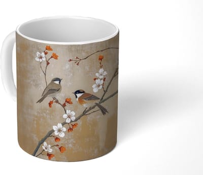 Mok - Koffiemok - Vogels - Bloesemtak - Bloemen - Oranje - Mokken - 350 ML - Beker - Koffiemokken - Theemok