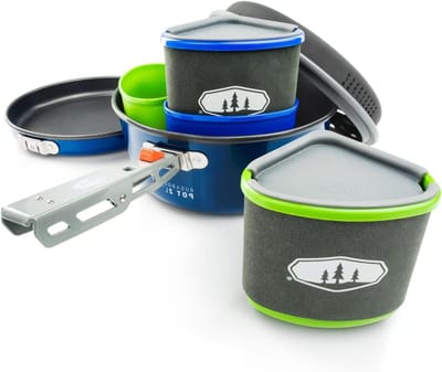 Kookset - Kampeeruitrusting - Buiten koken - Met Teflon coating - 2 liter pot - Blauw
