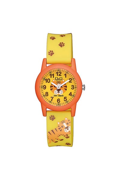 Q&Q V22A-016VY - Horloge - Sport - Analoog - Kinderen - Unisex - Plastic band - Rond - Kunststof - Cijfers - Tijger - Oranje - Geel - Bruin - 10 ATM
