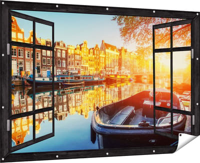 Gards Tuinposter Doorkijk Amsterdamse Brug - Gracht - met Bloemen - 180x120 cm - Tuindoek - Tuindecoratie - Wanddecoratie buiten - Tuinschilderij