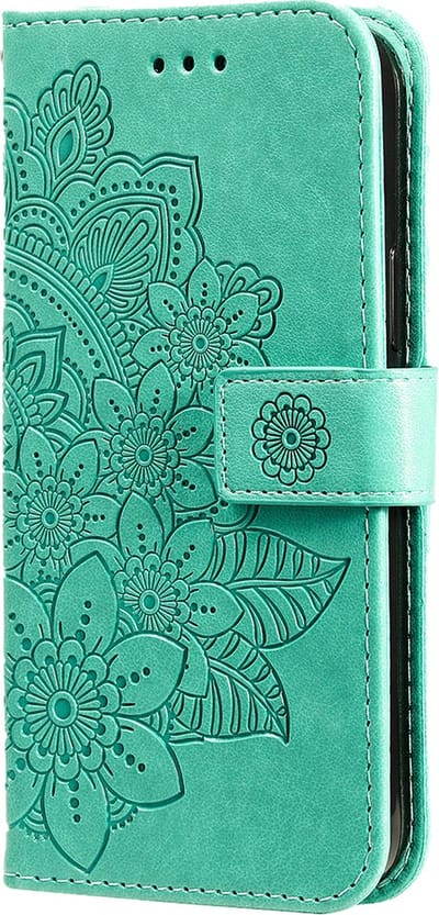 Hoesje geschikt voor iPhone 16 - Bookcase - Pasjeshouder - Portemonnee - Bloemenprint - Kunstleer - Turquoise