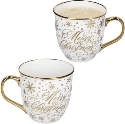 2-delig set jumbokopjes met gouden rand MERRY CHRISTMAS van porselein – 23105124