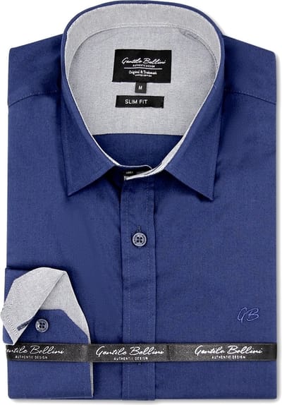 Heren Overhemden Lange Mouw - Slim Fit Overhemd Heren - Chambray Contrastbeleg - Blouse Heren Volwassenen - Blauw