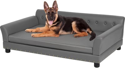 Bingopaw Grote Hondenbank - Luxe Microvezel Lederen Hondenbank Loungebed voor Grote Honden - Houten Frame Verhoogde Puppy Sofa Stoel met Comfortabele Kussenmat - Grijs - XL - 120x74cm