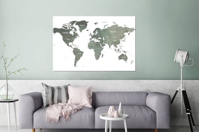 Aluminium schilderij 180x120 cm - Wanddecoratie metaal - Wereldkaart - Waterverf - Grijs - Metalen muurdecoratie woonkamer - Decoratie industrieel - Foto op dibond - Industriële accessoires slaapkamer