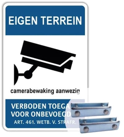 Eigen Terrein - Camerabewaking - Weerbestendig Aluminium - 40x60 cm - Bevestiging: Met hekbeugels (voor spijlen- of gaashek)