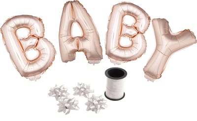 Folie ballonset roze met letters BABY 41 cm + geschenklint 10m met 4 witte strikken
