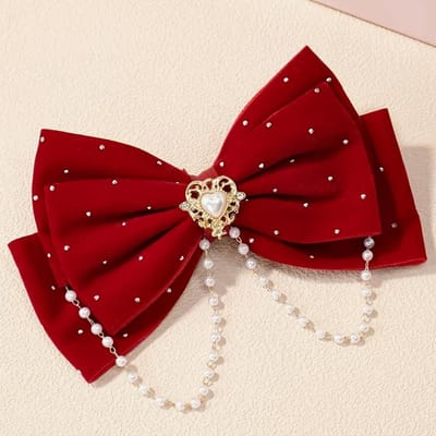 Pince à Cheveux Nœud Papillon Élégant en Velours avec Cristal et Perles Imitation, Mignon Accessoire de Cheveux à Pompon Couleur Unie, Cadeau Parfait pour la Saint-Valentin pour Filles rouge