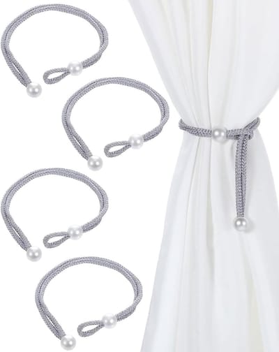 4 Piece Vorhang Raffhalter,Gardinen Raffhalter mit Perlenvorhangschnalle,Cordelhalter,Adjustable Curtain Tiebacks für Zuhause,Hotel,Büro,Fenster,Einfacher Stil Gardinenhalter