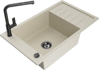 Mexen Elias granieten gootsteen 1-kompartment met afdruiprek en keukenkraan Flora, beige - 6511-69-670401-70-B