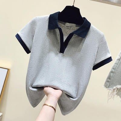 Nieuwe Zomer Pure Stijl Korte V-hals Poloshirt Top Design Niche T-shirt met korte mouwen voor Dames L grijs