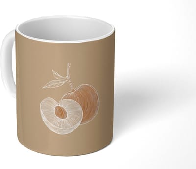 Mok - Koffiemok - Perzik - Lijntekening - Pit - Beige - Mokken - 350 ML - Beker - Koffiemokken - Theemok