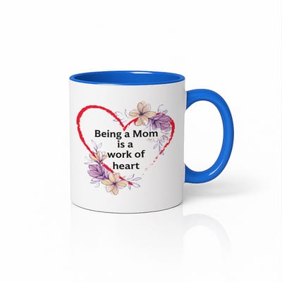 Wit & Blauwe Moeder Liefde Mok 330 ml – “Being a Mom Is a Work of Heart” Koffiemok – Bloemen Hart Design – Perfect Cadeau voor Mama